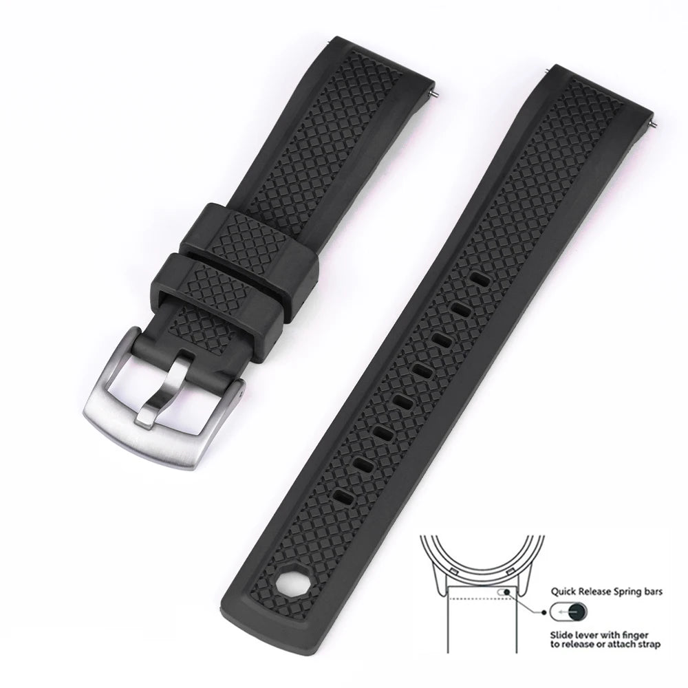 Quality Vulcanized FKM Rubber Watch Strap 20mm 22mm Black Blue Wristband Slide Keeper Ring With Quick Release Sport Watchband