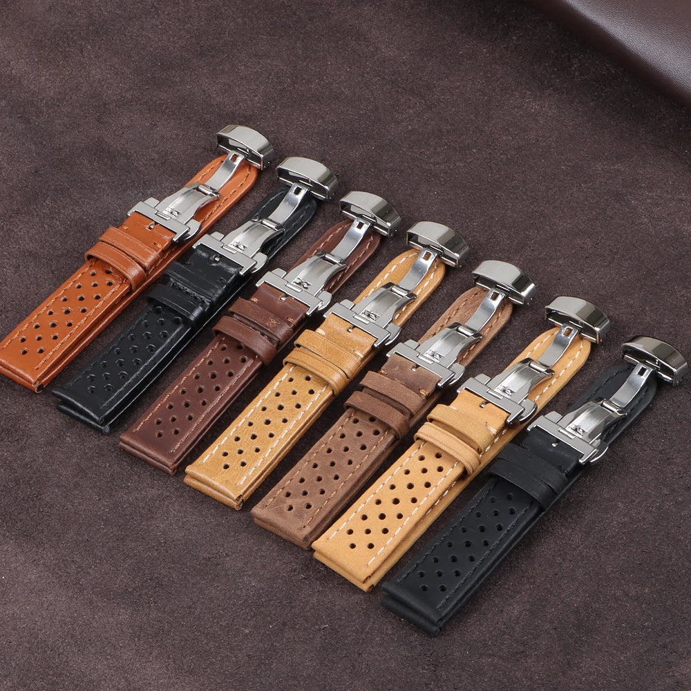 Genuine Cowhide Leather Watch Strap – 18/20/22mm, Vintage, Butterfly Buckle