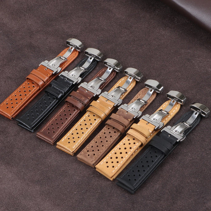 Genuine Cowhide Leather Watch Strap – 18/20/22mm, Vintage, Butterfly Buckle