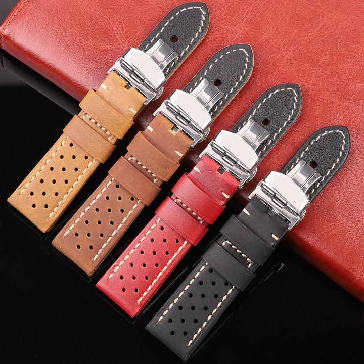 Breathable Genuine Leather Watchband with Deployment Clasp  20mm 22mm 24mm Comfortable Soft Watch Strap