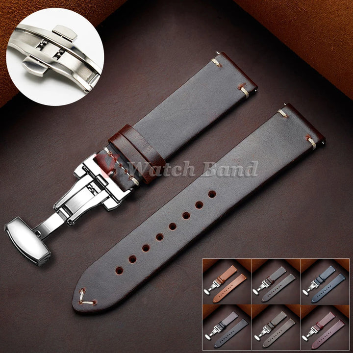 Seiko Vintage Oil Wax Leather Watch Strap – 18–24mm, Butterfly Buckle