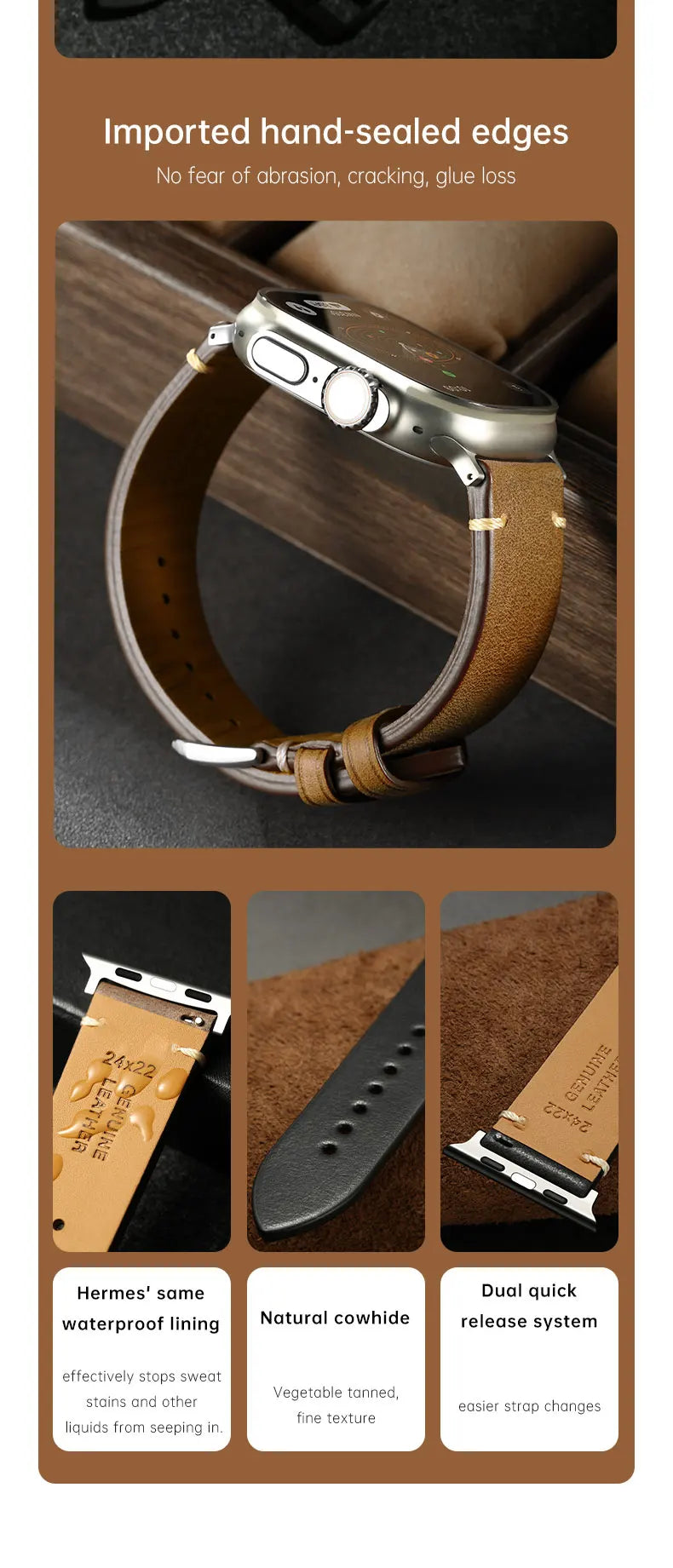 Luxury Leather Watch Strap for Apple Watch, Ultra 49mm, Series 9, 8, 7, 6, SE, 45mm, 44mm, 41mm, 40mm, Accessories Watchband