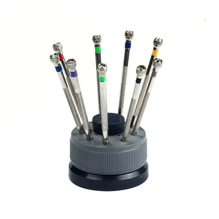 9PCS Watch & Glasses Repair Screwdriver Set with Rotating Base – Steel