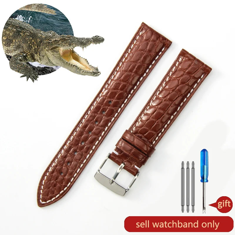 Crocodile Skin Genuine Leather Watch Band with Needle & Butterfly Buckle for