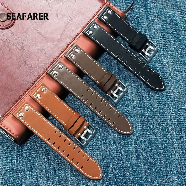 Double Row Hole Leather Watch Strap 20/22mm for Hamilton & Seiko