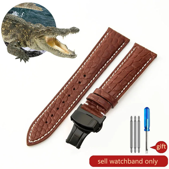 Crocodile Skin Genuine Leather Watch Band with Needle & Butterfly Buckle for