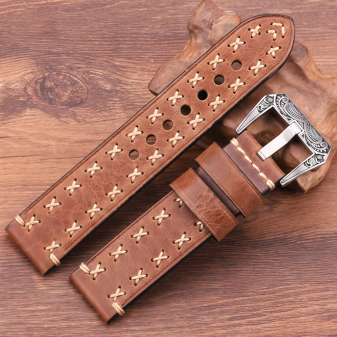 Handmade Genuine Leather Watch Strap 22–24mm with Retro Stainless Steel Buckle