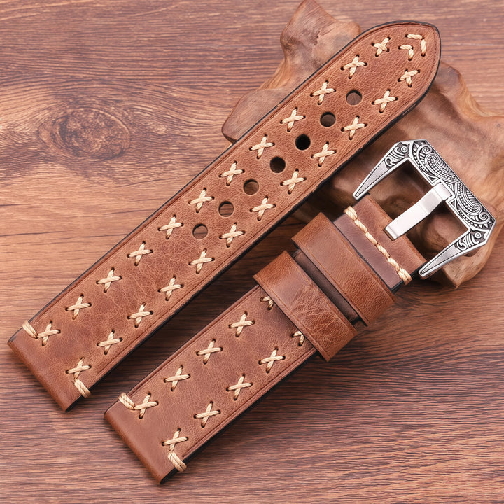 Handmade Genuine Leather Watch Strap 22–24mm with Retro Stainless Steel Buckle