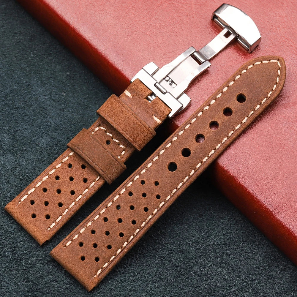 Breathable Genuine Leather Watchband with Deployment Clasp  20mm 22mm 24mm Comfortable Soft Watch Strap