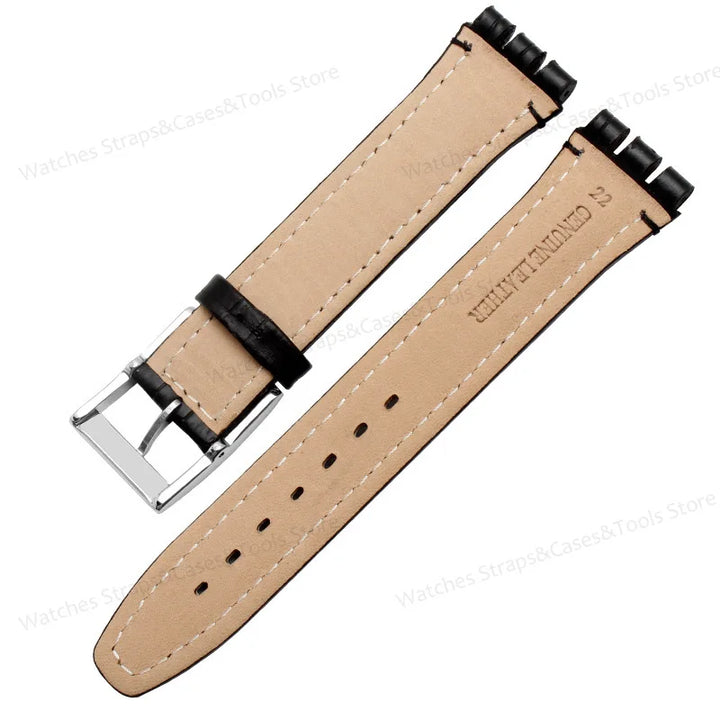 Genuine Leather Watchband for Swatch 17mm 19mm Strap Cowhide Bamboo Waterproof Metal Clasp Men Women Business Watch Accessories