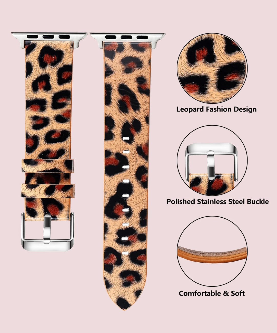 Leopard Leather Apple Watch Band for Women 38–49mm