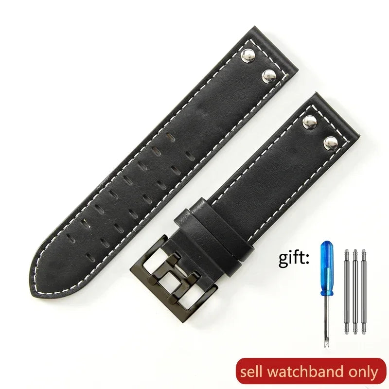 Double Row Hole Leather Watch Strap 20/22mm for Hamilton & Seiko