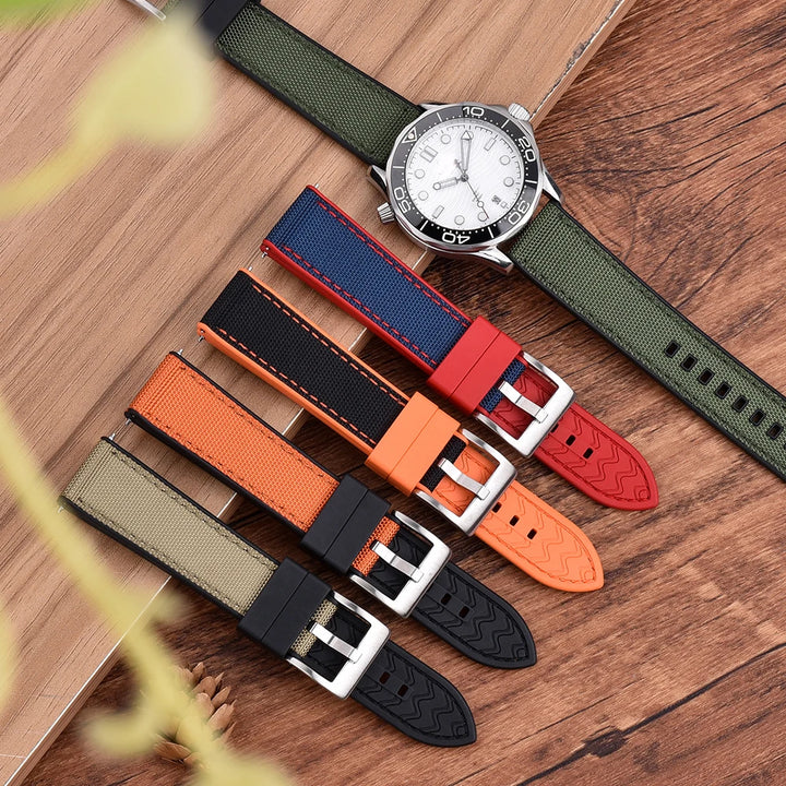 New Design Hybrid FKM Watch Strap 20mm 22mm Fluoro Rubber Canvas Nylon Watchbands Quick Release For Each Brand Diving Watches