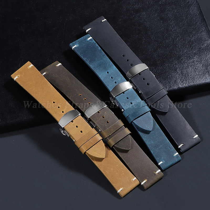 Stitching Cowhide Leather Watch Strap – 18–24mm, Vintage Brown, Butterfly Buckle