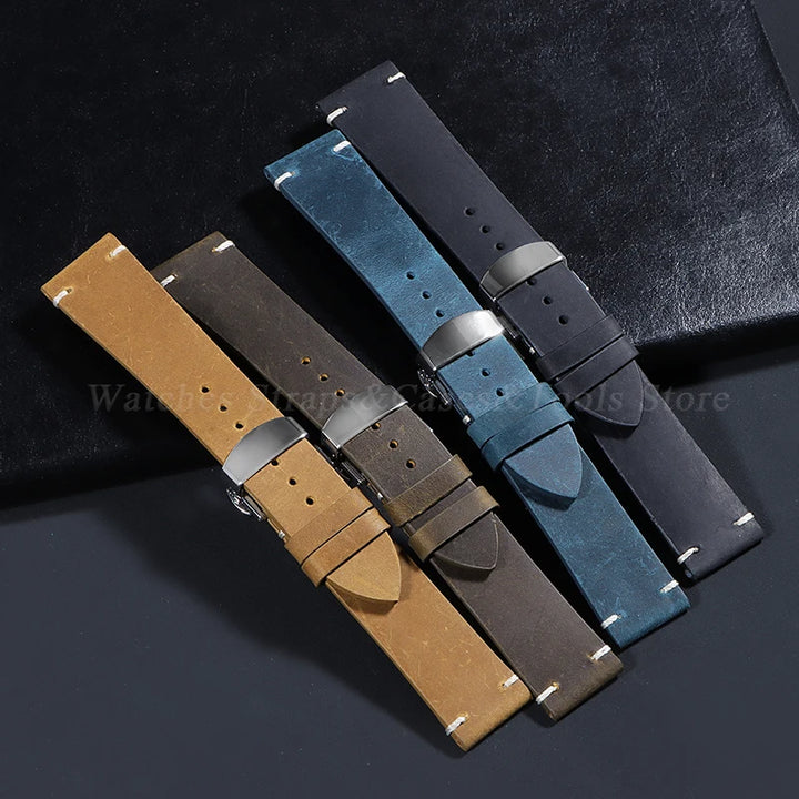 Stitching Cowhide Leather Watch Strap – 18–24mm, Vintage Brown, Butterfly Buckle