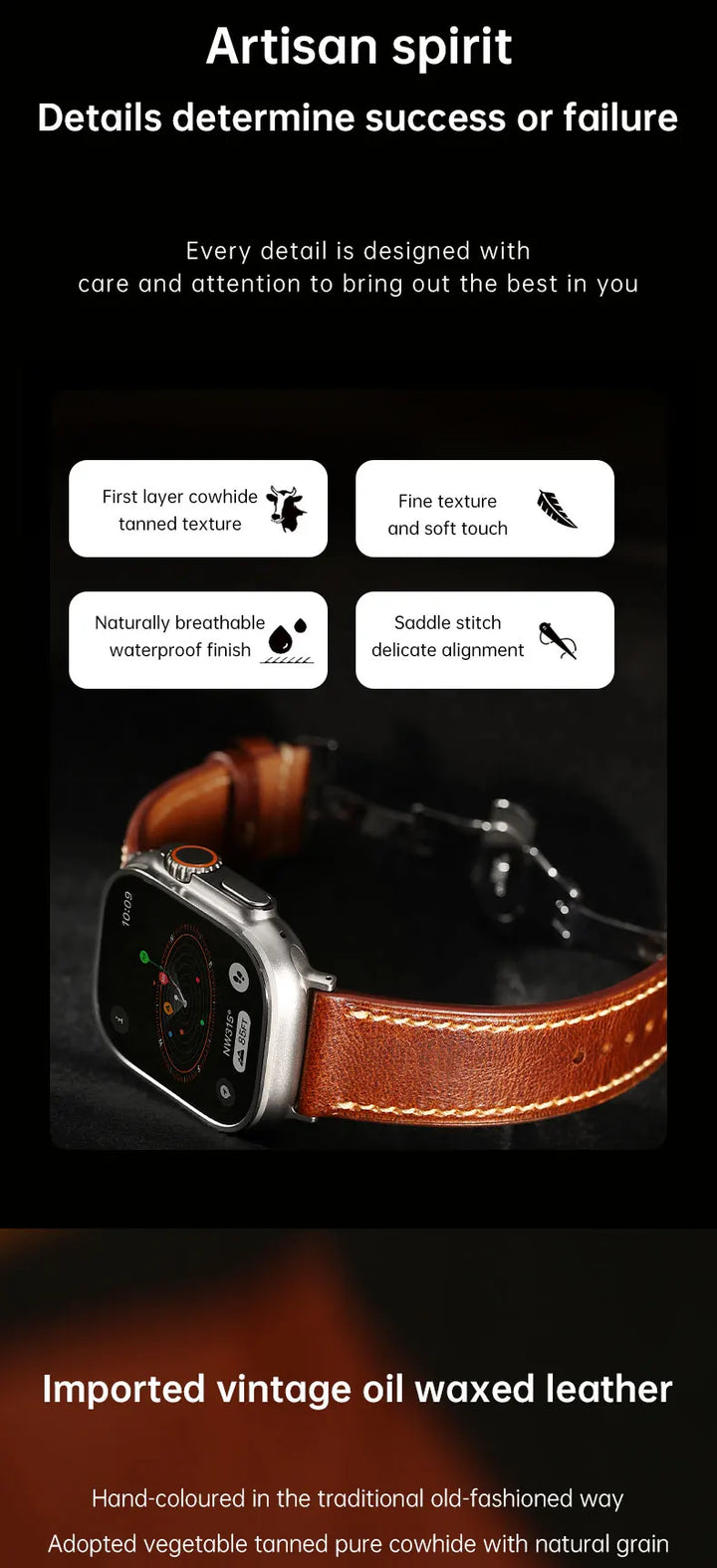 Apple Watch Luxury Cow Leather Strap For Ultra 2 49mm Band Series 9 8 7 6 5 SE 45mm 44mm 41mm 40mm Handmade Watchbands