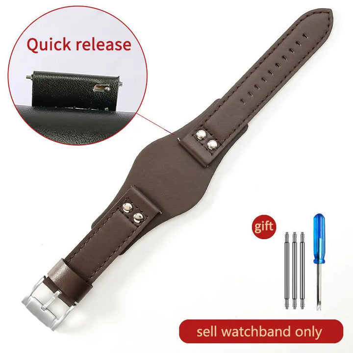 Genuine Leather Watch Strap for Fossil 22mm – Black & Brown, Rivet Style