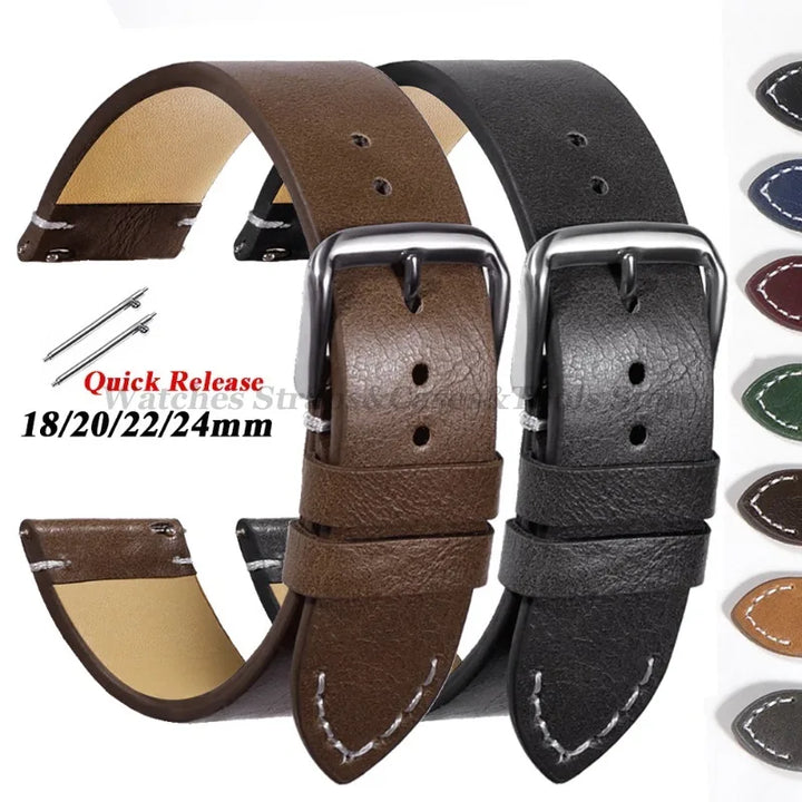 Vintage Leather Watch Strap – 18–24mm, Soft Quick-Release for Omega & Huawei GT4