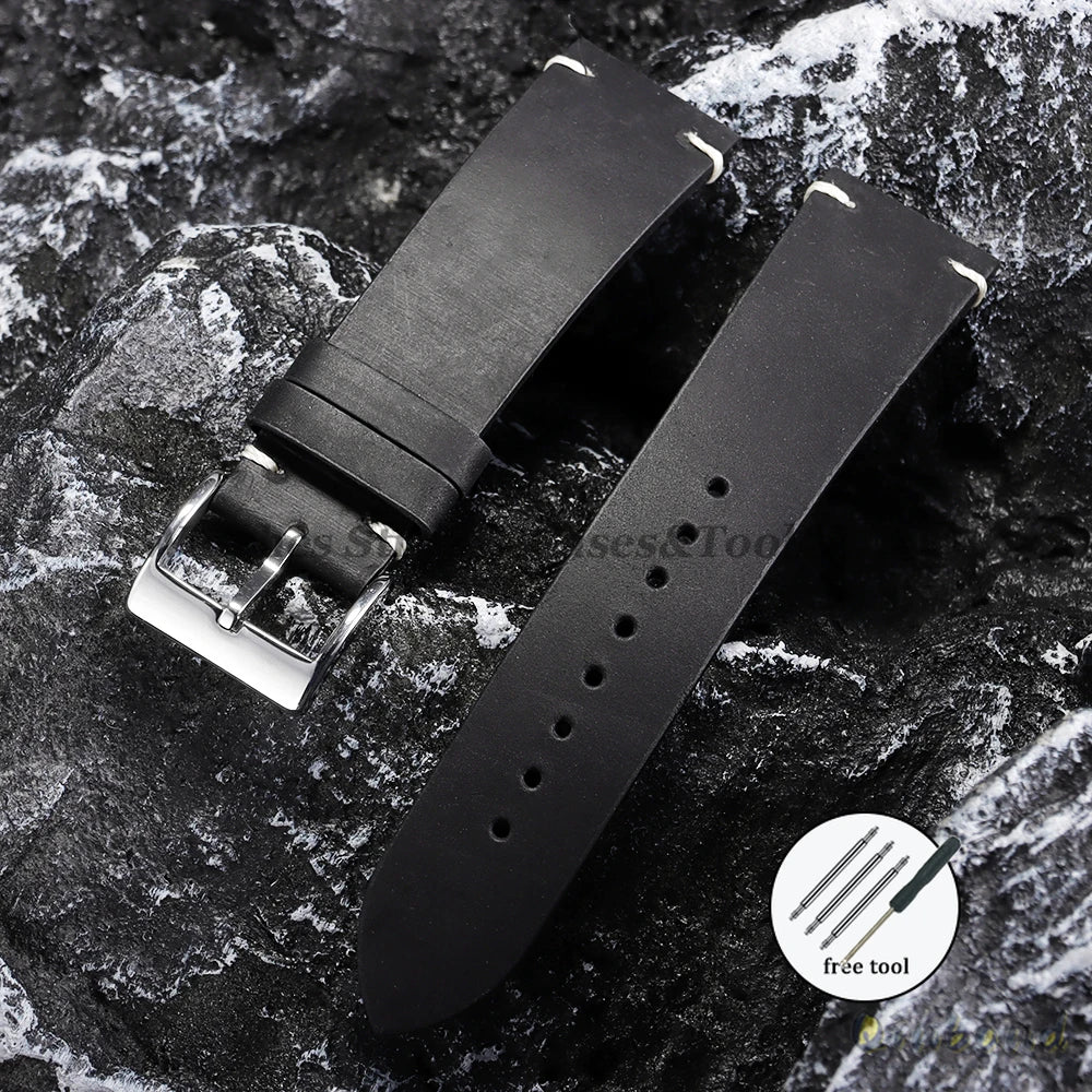 Oil Wax Leather Watch Strap – 18–22mm, Handmade Vintage Brown Cowhide for Omega