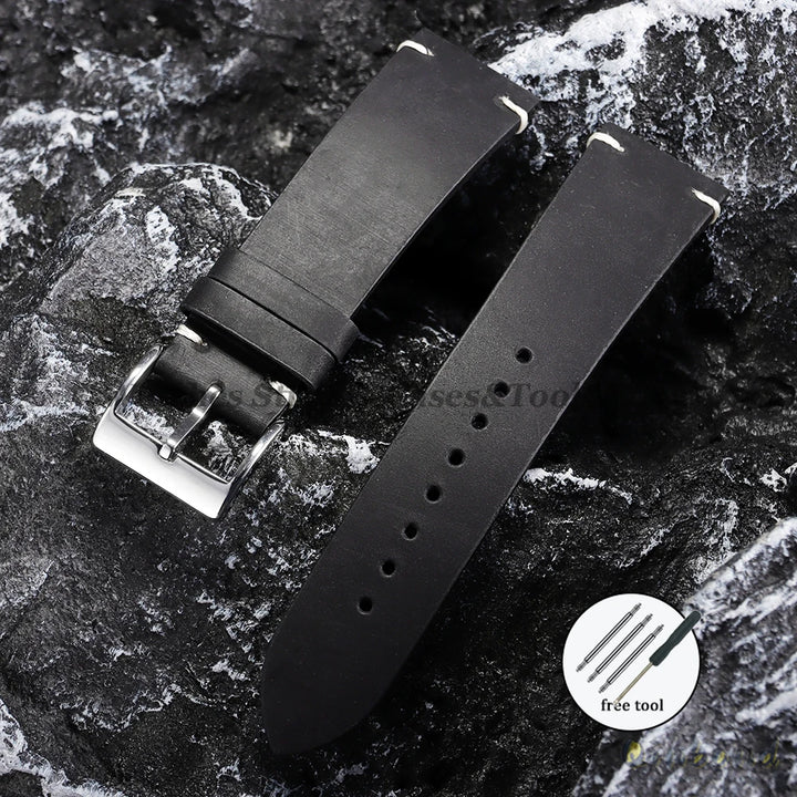 Oil Wax Leather Watch Strap – 18–22mm, Handmade Vintage Brown Cowhide for Omega