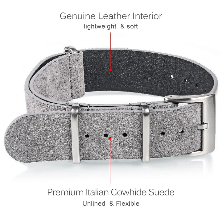 HEMSUT Genuine Leather Suede Watch Strap – 18–22mm Military Style