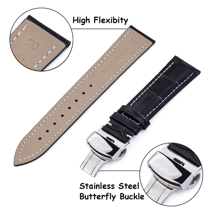 Cowhide Leather Watch Strap with Butterfly Clasp (18-22mm)