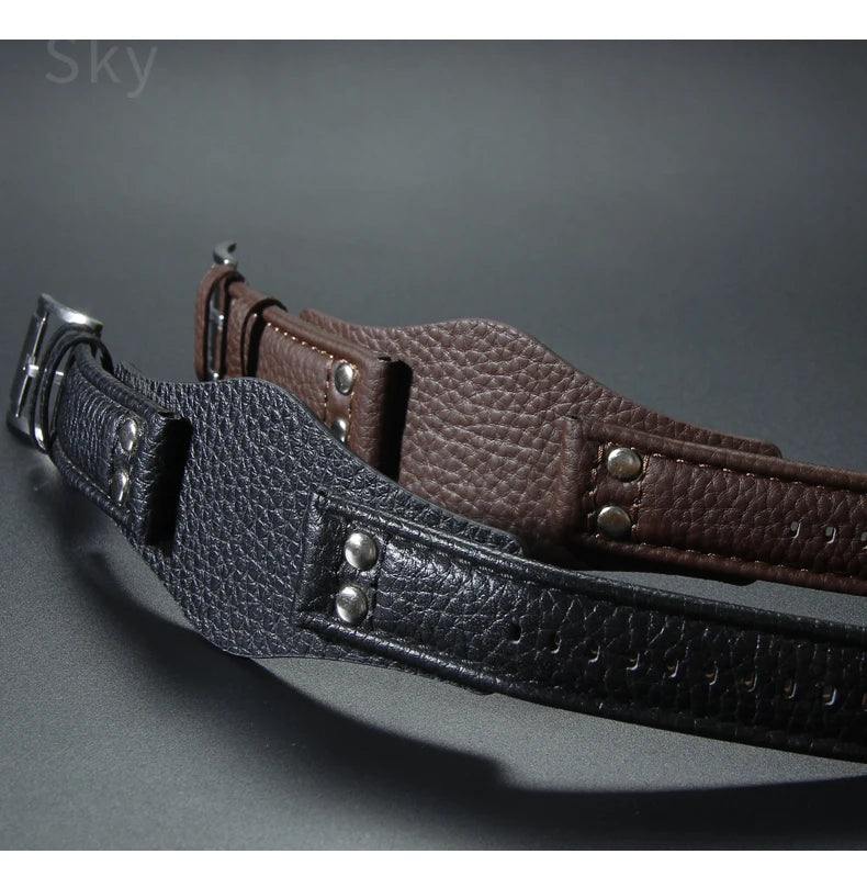 Genuine Leather Watch Strap for Fossil 22mm – Black & Brown, Rivet Style