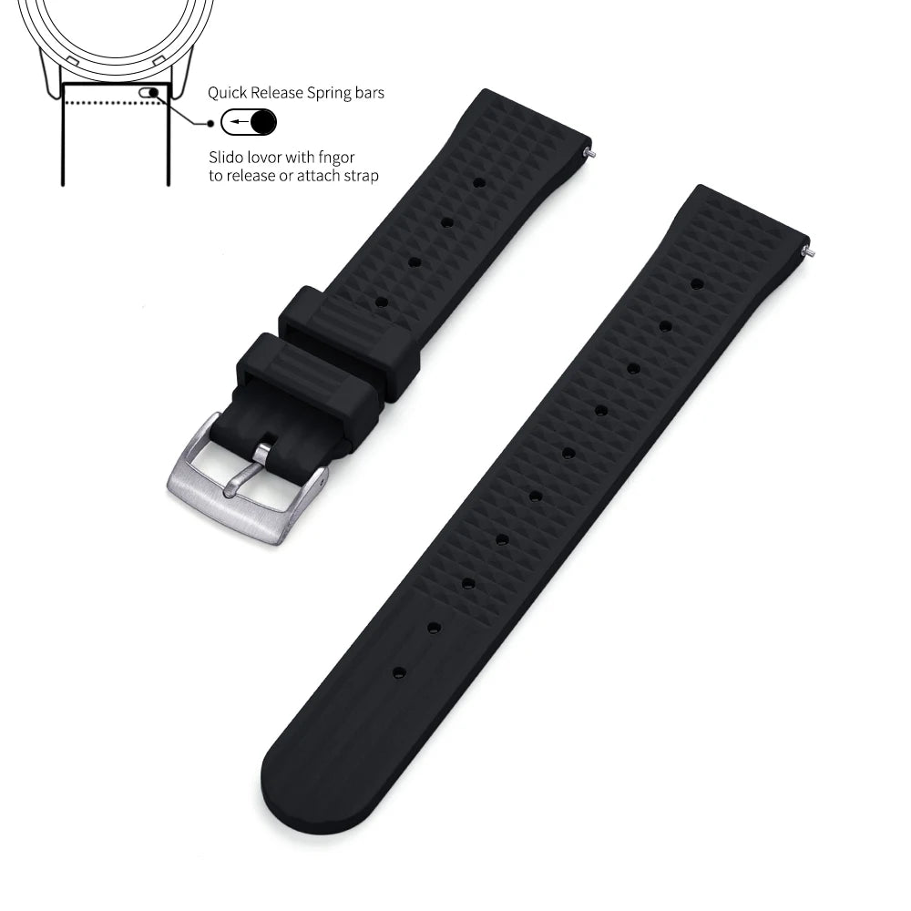 Premium Grade Waffle FKM Watch Band 20mm 22mm Quick Release Fluoro Rubber Waffle Watch Strap For Traditional Diving Watch