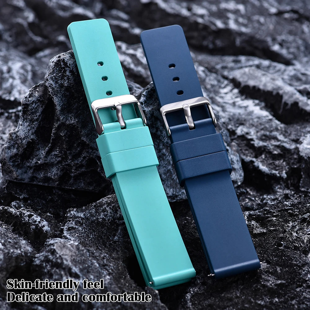 Premium Grade Flat Smooth FKM Rubber Watch Strap 16mm 18mm 20mm 22mm 24mm Soft Quick Release Rubber Watch Bands