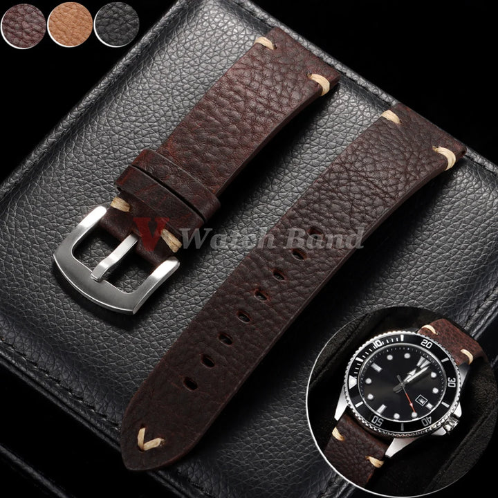 Genuine Cowhide Leather Watch Strap – 18/20/22mm, Vintage, Metal Buckle