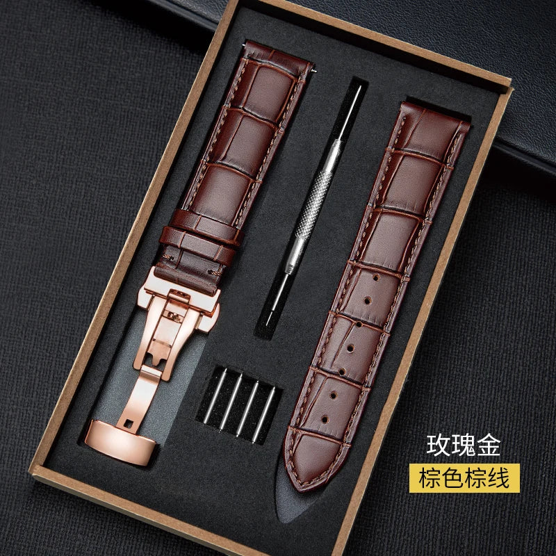 Genuine Leather Watch Band 18–24mm with Wooden Box & Butterfly Clasp