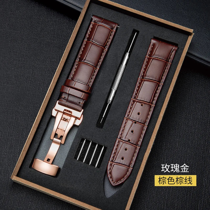 Genuine Leather Watch Band 18–24mm with Wooden Box & Butterfly Clasp