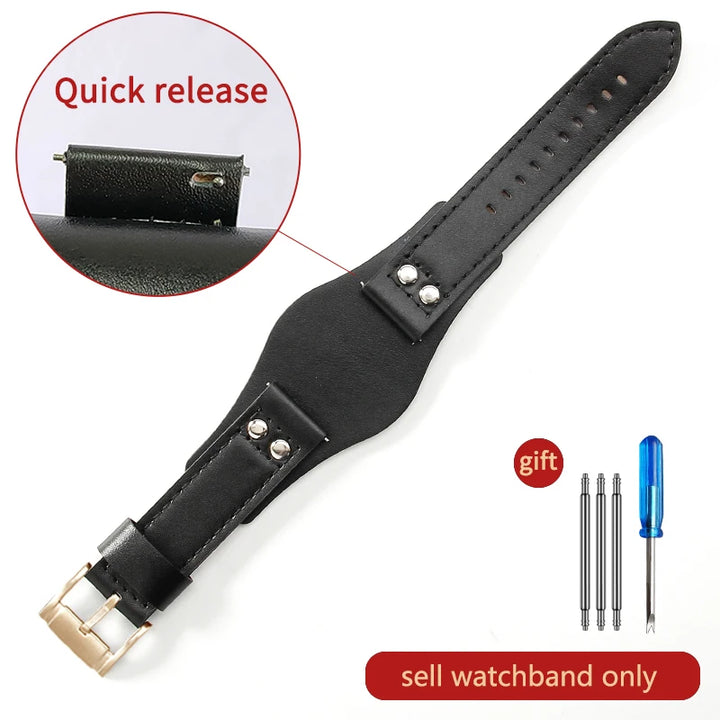 Genuine Leather Watch Strap for Fossil 22mm – Black & Brown, Rivet Style