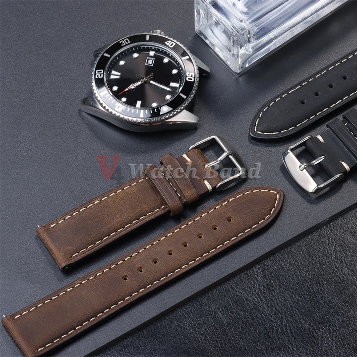 Vintage Dark Brown Cowhide Leather Watch Strap (14–24mm, Quick Release)