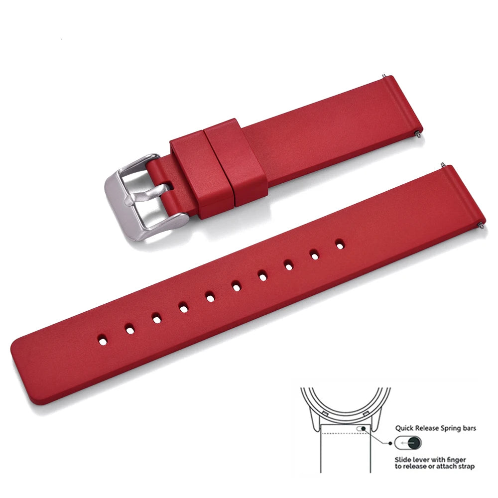 Premium Grade Flat Smooth FKM Rubber Watch Strap 16mm 18mm 20mm 22mm 24mm Soft Quick Release Rubber Watch Bands