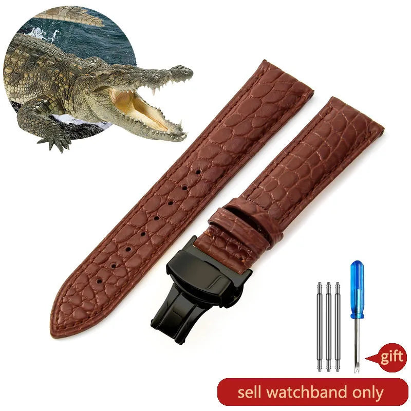 Crocodile Skin Genuine Leather Watch Band with Needle & Butterfly Buckle for