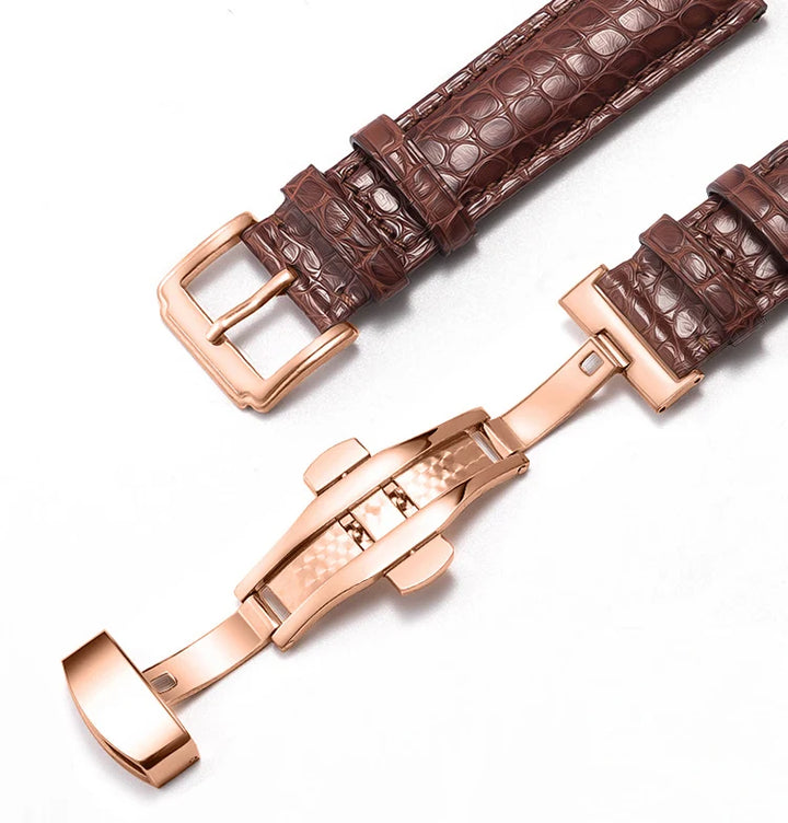 Crocodile Skin Genuine Leather Watch Band with Needle & Butterfly Buckle for