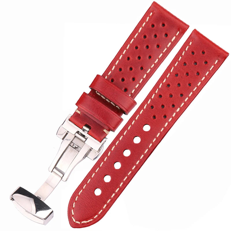 Breathable Genuine Leather Watchband with Deployment Clasp  20mm 22mm 24mm Comfortable Soft Watch Strap