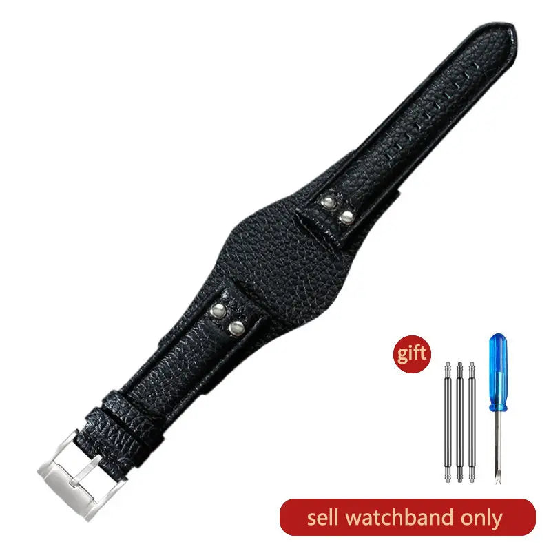Genuine Leather Watch Strap for Fossil 22mm – Black & Brown, Rivet Style