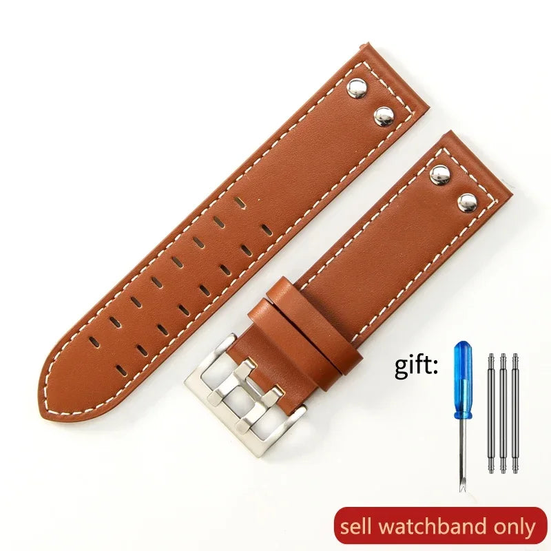 Double Row Hole Leather Watch Strap 20/22mm for Hamilton & Seiko