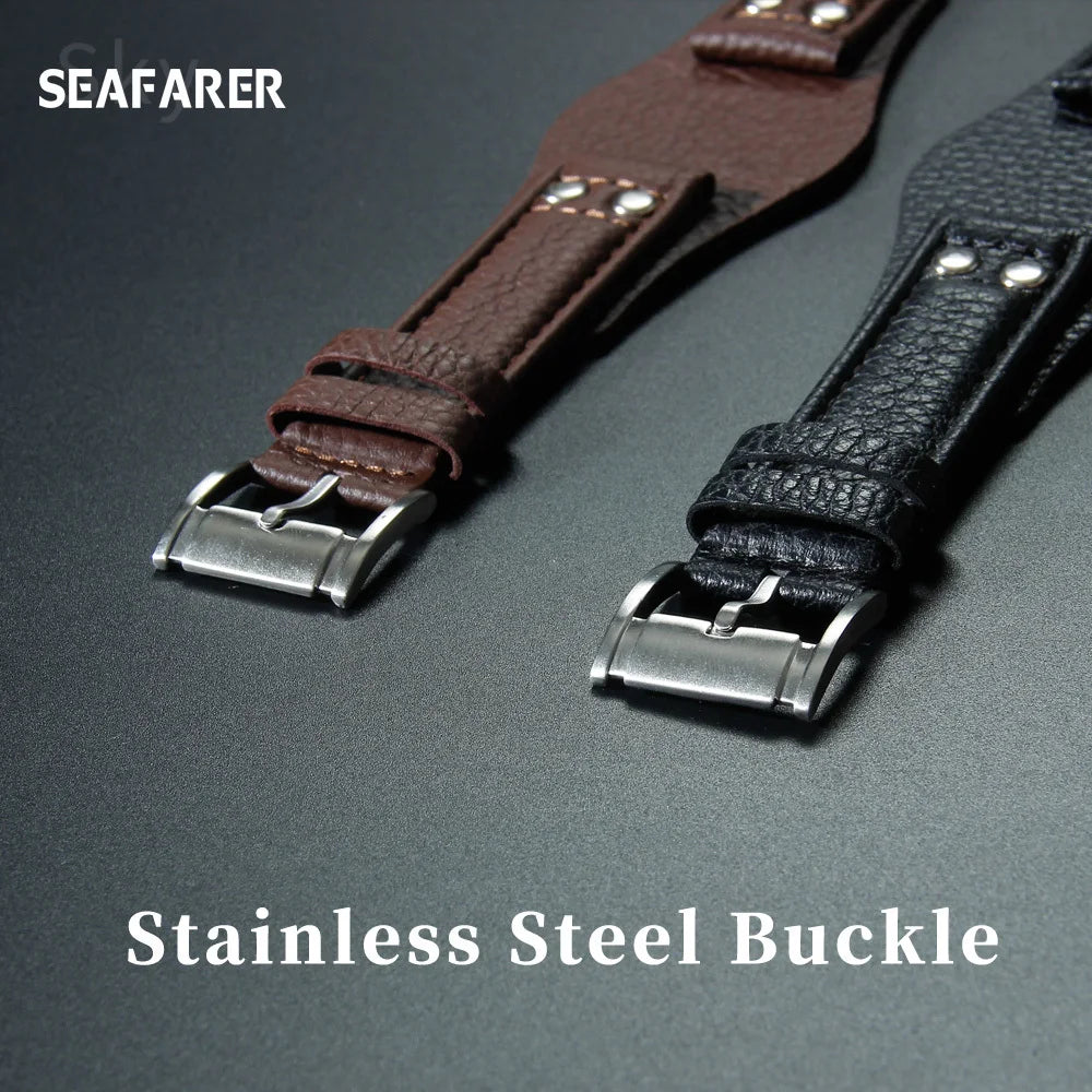 Genuine Leather Watch Strap for Fossil 22mm – Black & Brown, Rivet Style
