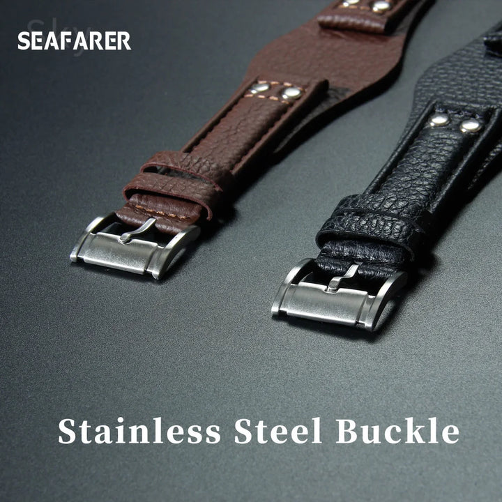 Genuine Leather Watch Strap for Fossil 22mm – Black & Brown, Rivet Style