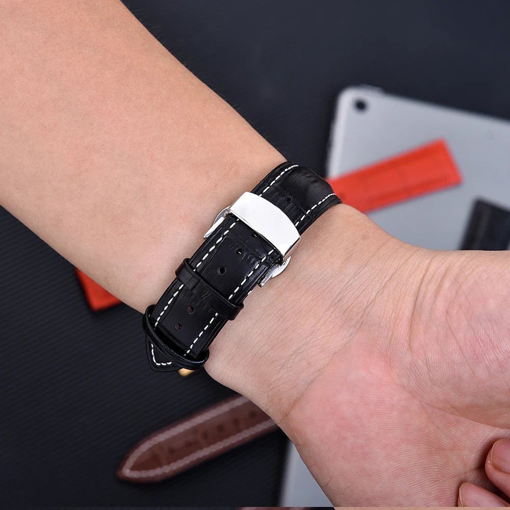 Cowhide Leather Watch Strap with Butterfly Clasp (18-22mm)