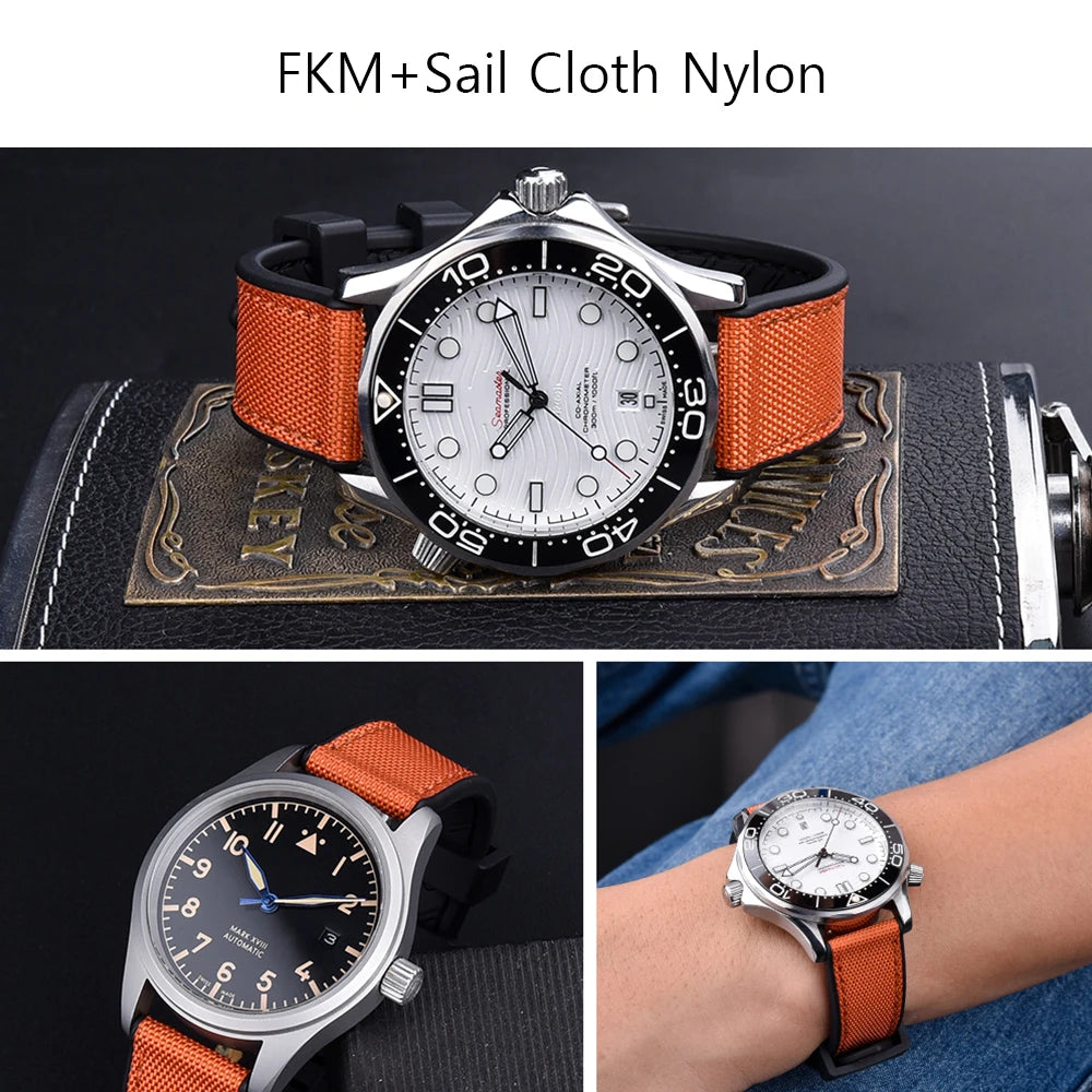 New Design Hybrid FKM Watch Strap 20mm 22mm Fluoro Rubber Canvas Nylon Watchbands Quick Release For Each Brand Diving Watches