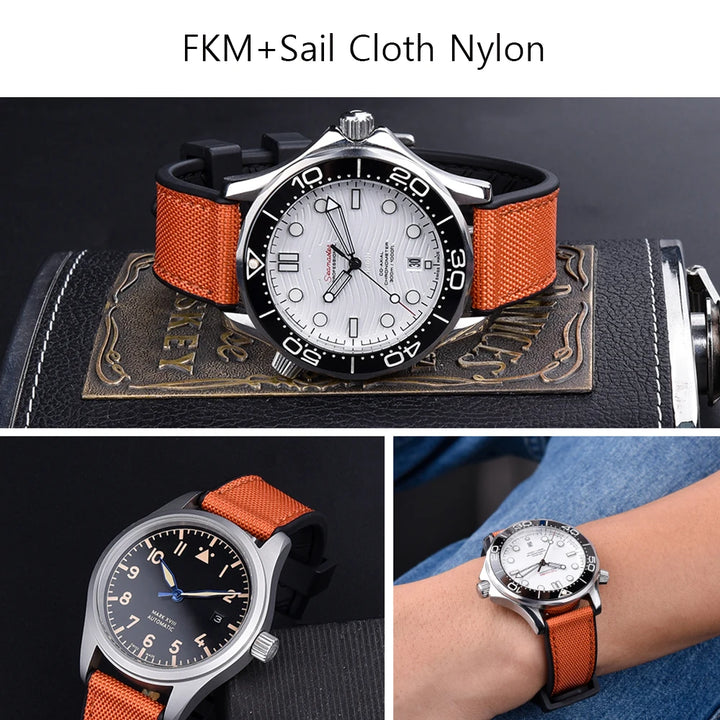 New Design Hybrid FKM Watch Strap 20mm 22mm Fluoro Rubber Canvas Nylon Watchbands Quick Release For Each Brand Diving Watches