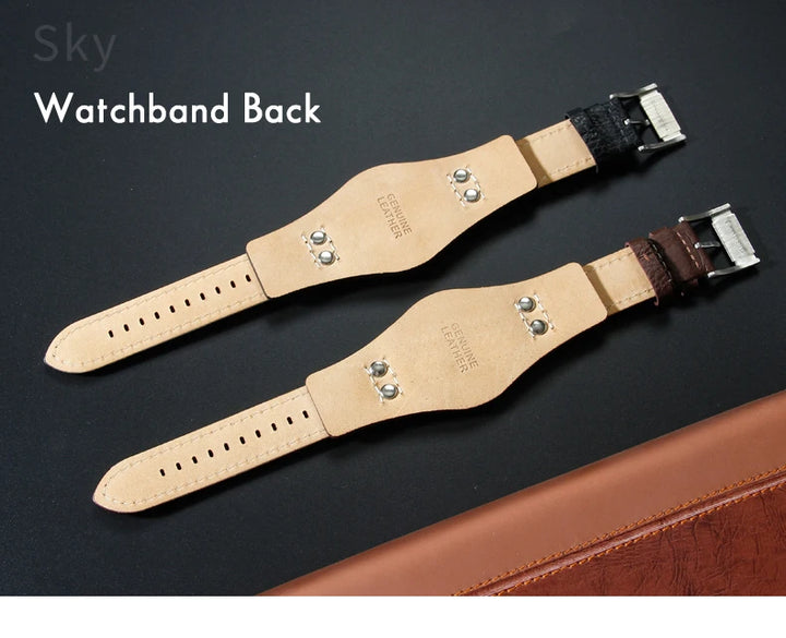 Genuine Leather Watch Strap for Fossil 22mm – Black & Brown, Rivet Style