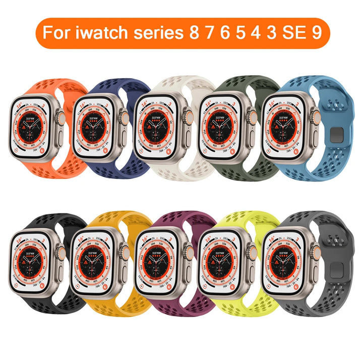 Silicone strap For iwatch series 9 8 7 6 5 4 3 SE Ultra 2 49mm Breathable Bracelet for Apple Watch 44mm 45mm 40mm 41mm 42mm 38mm