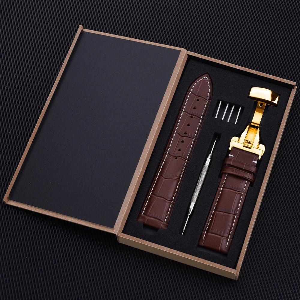Cowhide Leather Watch Strap with Butterfly Clasp (18-22mm)