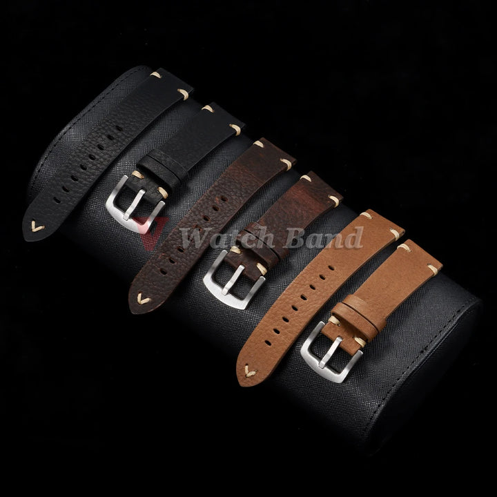 Genuine Cowhide Leather Watch Strap – 18/20/22mm, Vintage, Metal Buckle