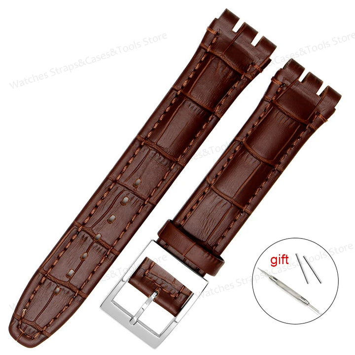Genuine Leather Watchband for Swatch 17mm 19mm Strap Cowhide Bamboo Waterproof Metal Clasp Men Women Business Watch Accessories
